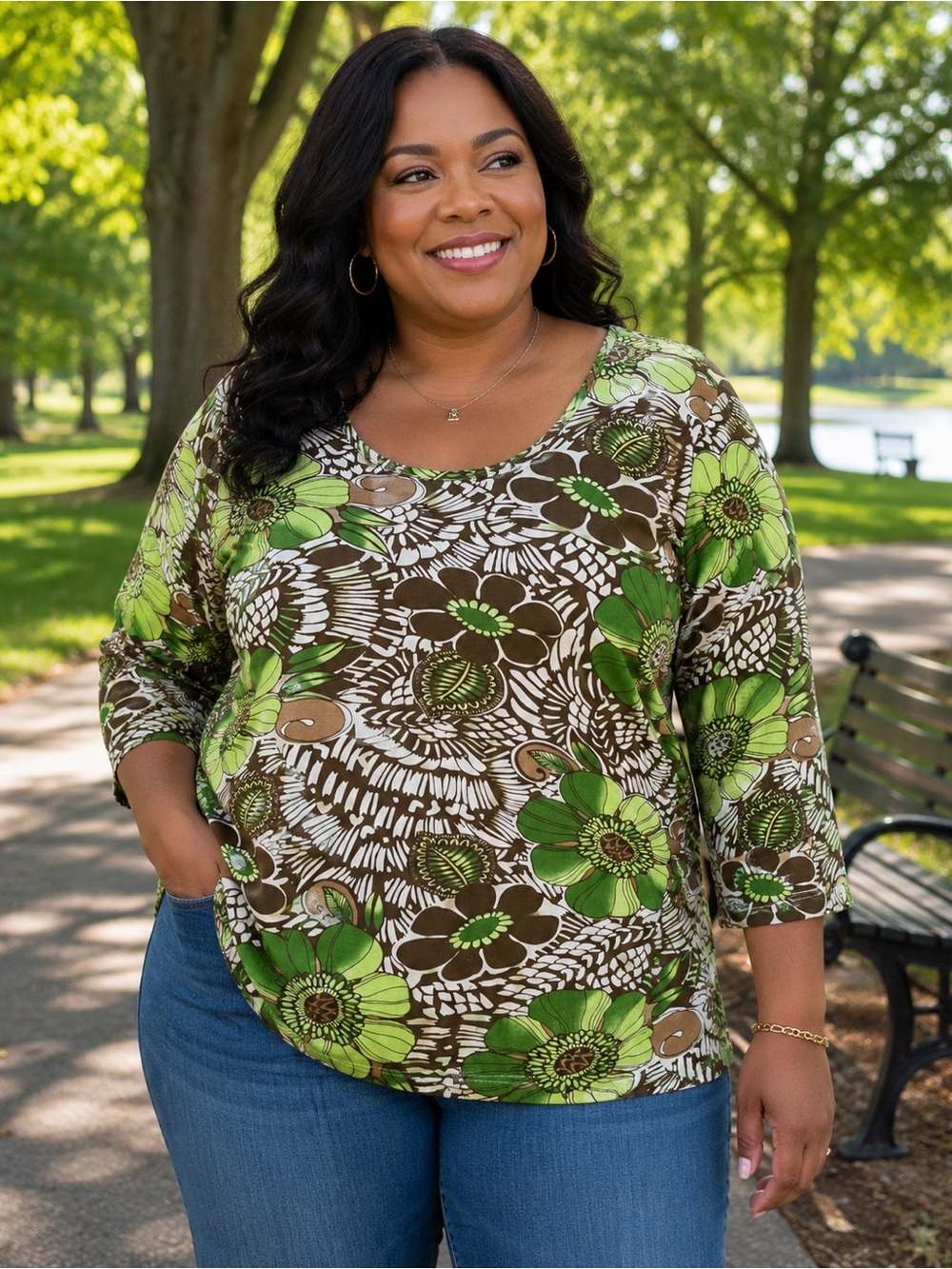 Sharon Young Green and Brown Floral Long Sleeve Scoop Neck Top